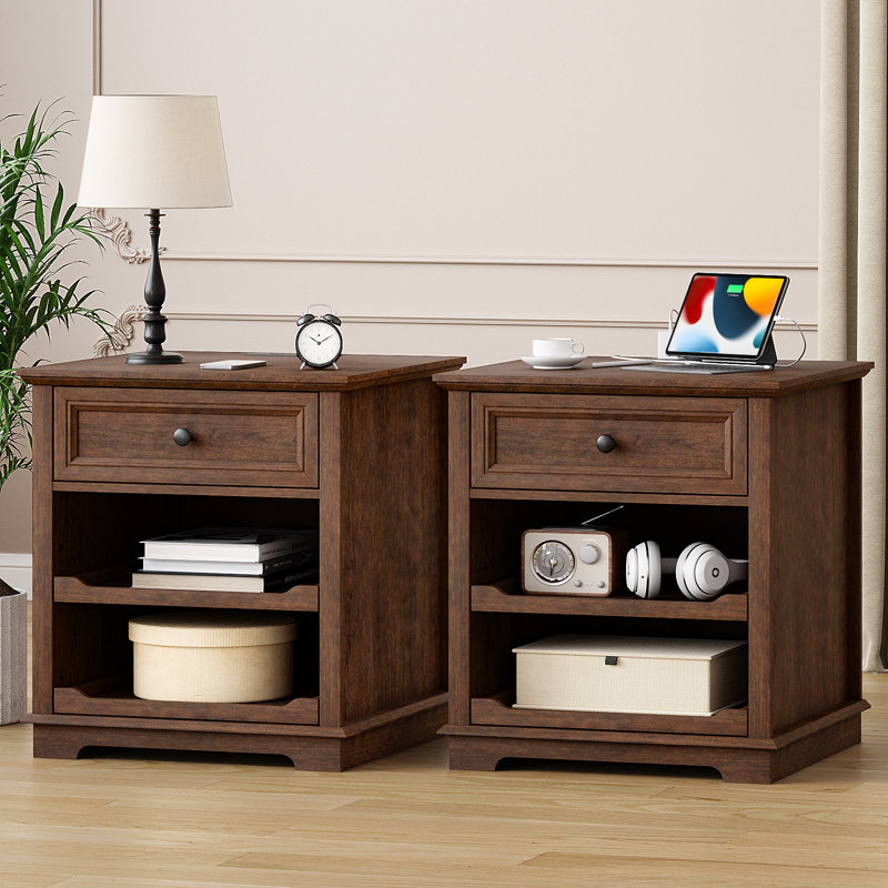 1 Drawer Sets Nightstands with Storage Tray and Built-in Charging Station, Cherry
