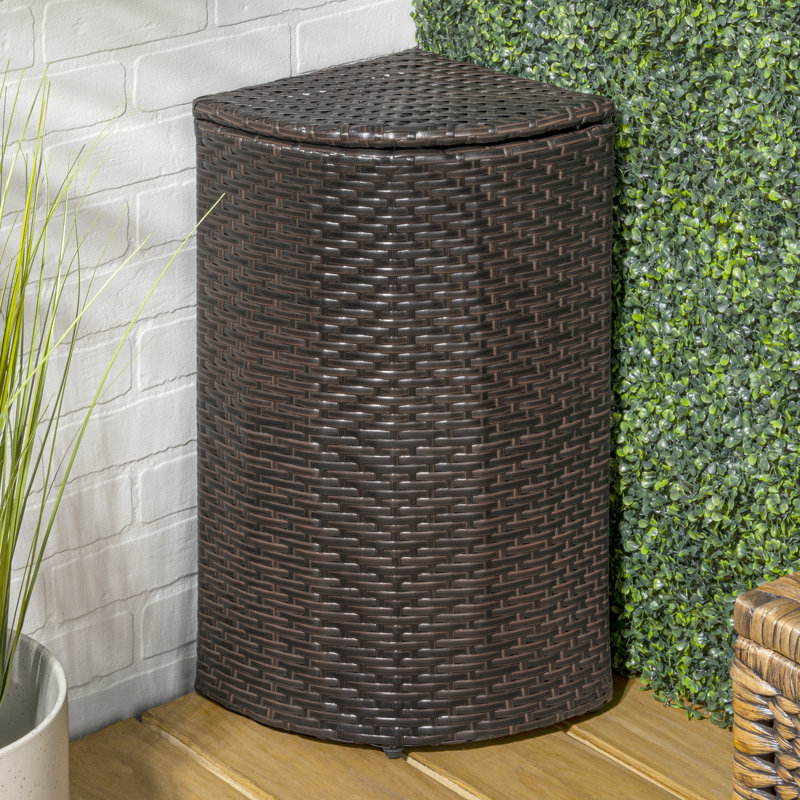 Brown Faux Wicker Corner Outdoor Trash Can with Lid