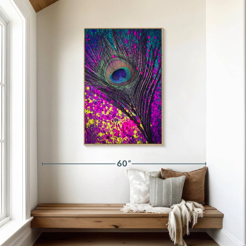 Speckled Peacock Feather, Floating Frame Natural Wood, 29" x 43"