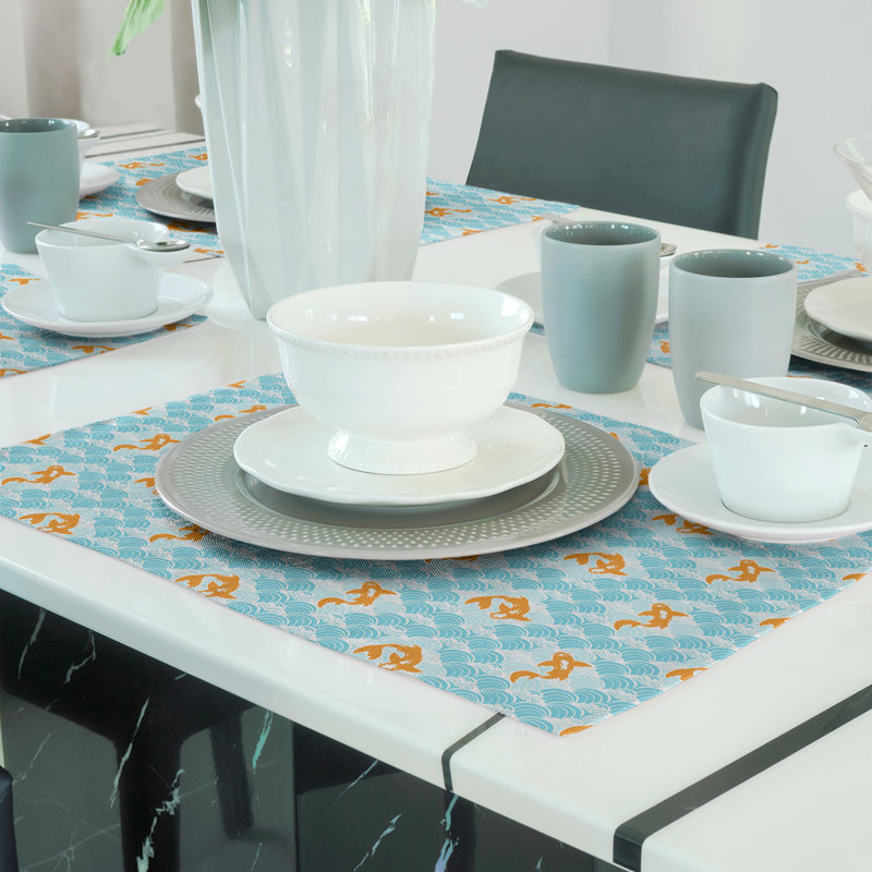 Napperon en coton 18 po Koi Fish and Waves, Bleu sarcelle