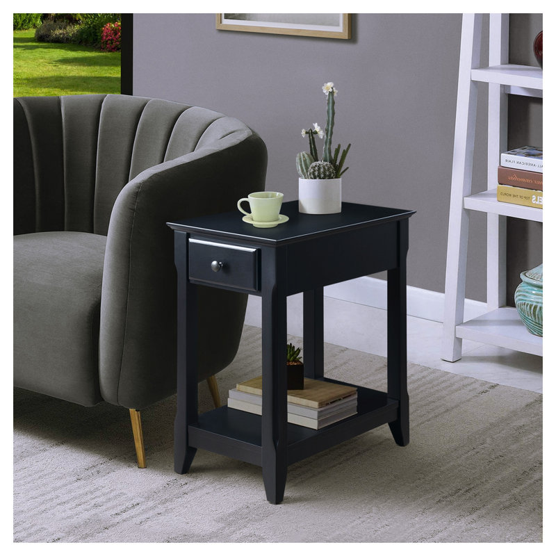 Table d'appoint en bois noir avec tiroir et tablette inférieure pour salon