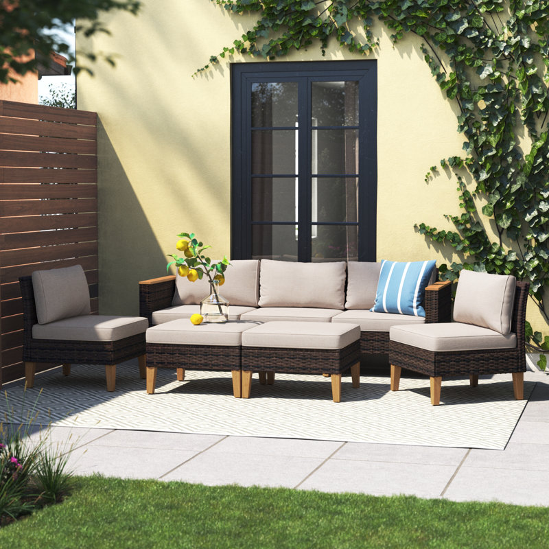 Shutesbury 7-Piece Wicker Outdoor Patio Furniture Set, Sectional Patio Set with Fire Pit Table, No, Beige