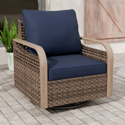 Outdoor Patio Brown Wicker Wood Grain Armrest Swivel Glider Chair with Cushion by Hokku Designs