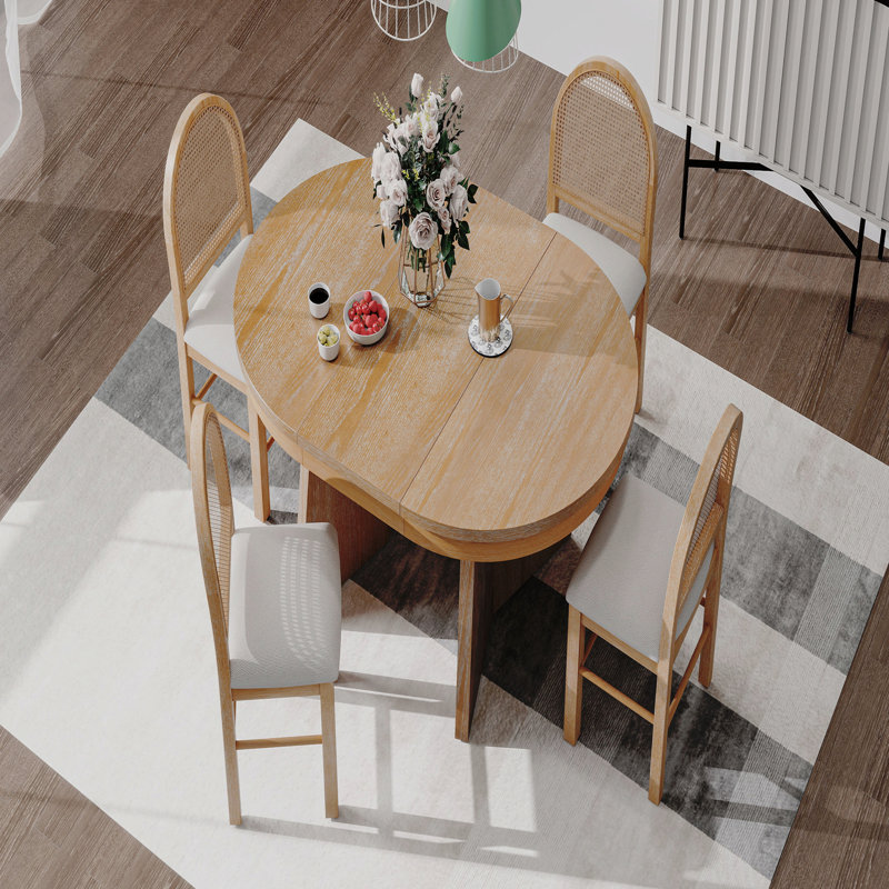 5-Piece Round Dining Table Set For 4 People, Retro  Dining Table Set With 4 Upholstered Chairs, Kitchen Table And Chairs Set, Extendable