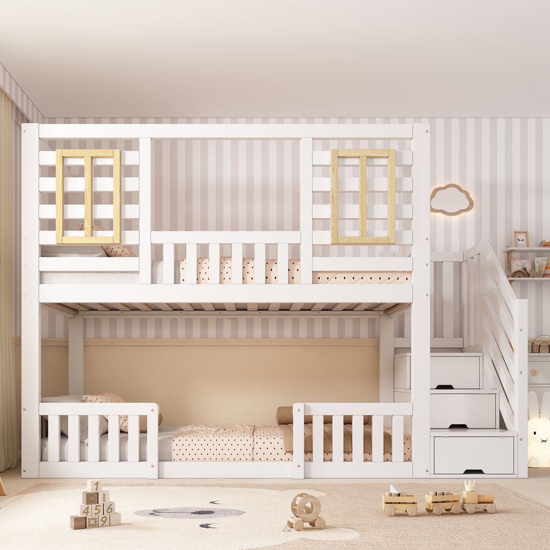 White Solid Wood Twin Sleeper (90+90) X 190 Cm Bunk Beds With Staircase Storage, Multi-Functional Tree-House Bed