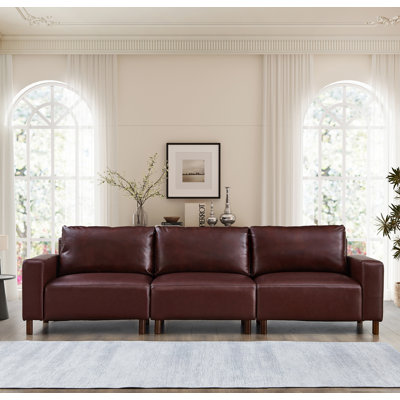 112" Luxury PU Leather Sofa For Living Room,Apartment,Upholstered Breathable Faux Leather PU Couch With Wood Legs, Burgundy
