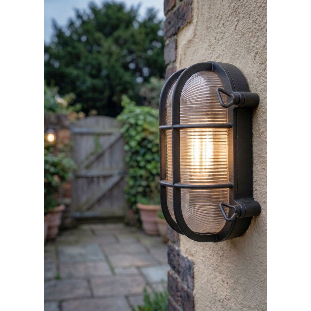 Matte Black 9.44cm H Ribbed Glass Outdoor Bulkhead Light