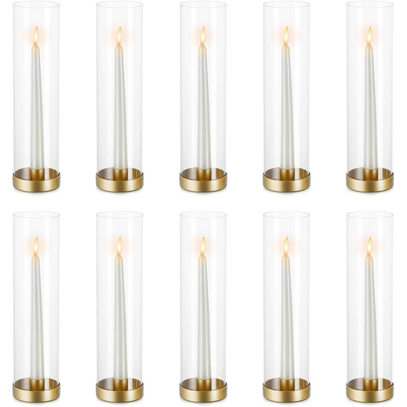 Set Of 10 Gold Glass Hurricane Candle Holders