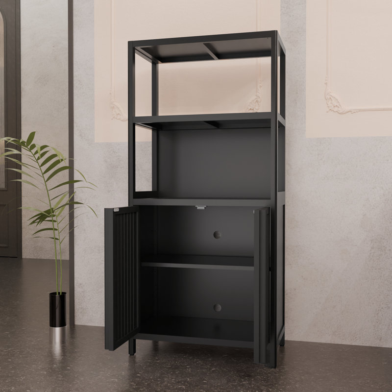 Black Bamboo Separate Bathroom Cabinet with 2 Doors, Floor Organizer for Living Room, Kitchen, Entrance, Black