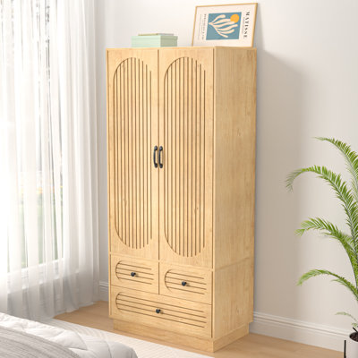 Armoire Wardrobe Closet, Wardrobe Armoire With 3 Drawers And 2 Fluted Doors, Wardrobe Cabinet With Shelves And Hanging Rod, Freestanding Armoire Cabin by Millwood Pines