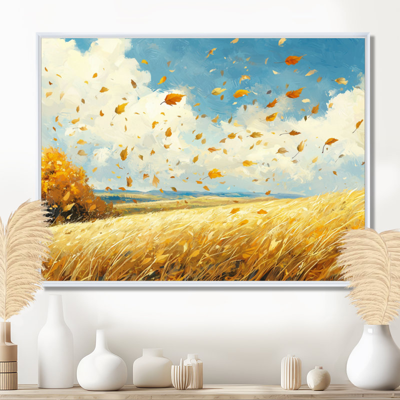 Blue Windy Prairie Leaves - feuilles, art mural, H 24 po x l 32 po, Avec cadre, Blanc