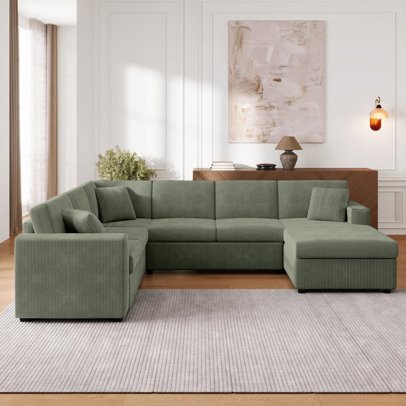 Canapé modulaire surdimensionné en U de 115,3 po avec méridienne et trois coussins décoratifs doux pour le salon, vert