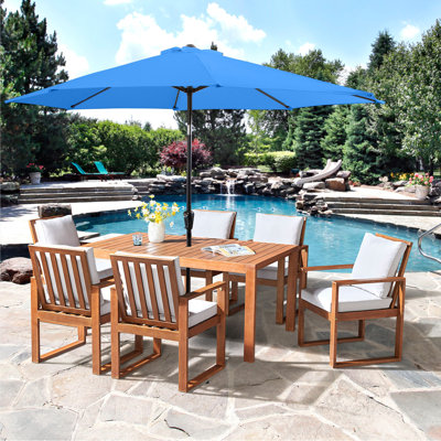 Weston 8 Pc Patio Dining Set Wood One 63" Table 6 Chairs With Cushions And 1 10-Foot Tilt Umbrella 