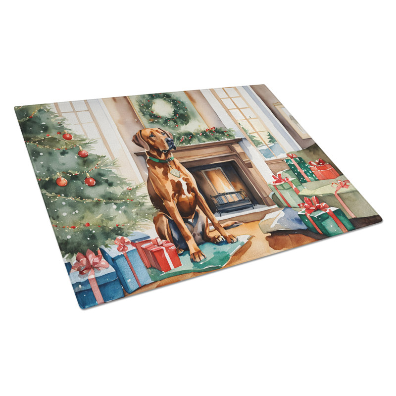 Grande planche à découper en verre Rhodesian Ridgeback Cozy Christmas