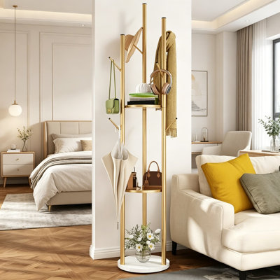 Golden Coat Racks Freestanding Metal Coat Racks Stand 3-Tier Storage Shelves With 9 Hooks And Stable Stone Base For Entryway