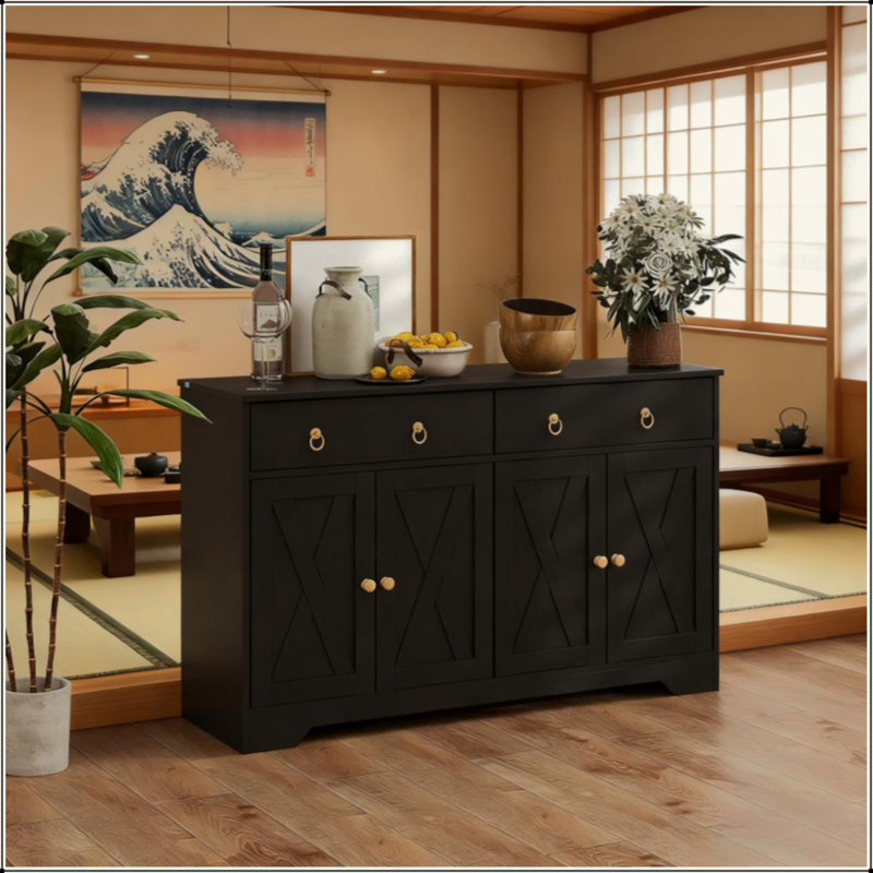 Buffet de rangement de cuisine avec portes de style grange et armoire à tiroirs, Noir