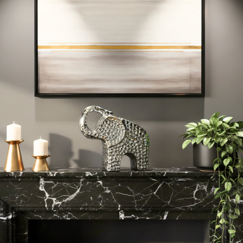 Ancier Hammered Ceramic Silver Elephant Statue, 6.5" H x 7" W x 2.25" D
