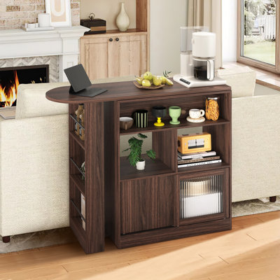 39.37" H Walnut Bar Cabinet With Rotating Top Glass Door Wheels And Shelves
