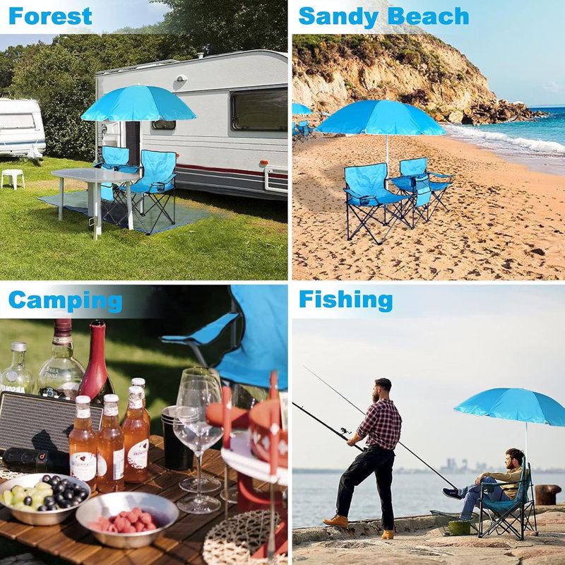 All-in-One Outdoor 2-Person Beach Portable Camping Chair with Sunshade Umbrella, Blue