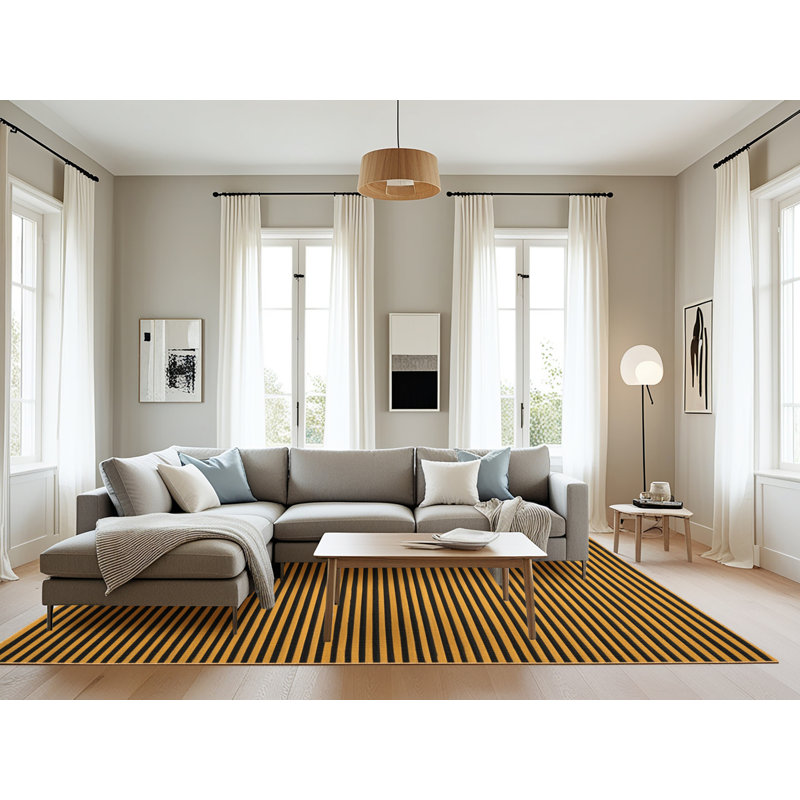 Tapis brun à rayures horizontales lavable à la machine, Rectangle 8 pi x 10 pi