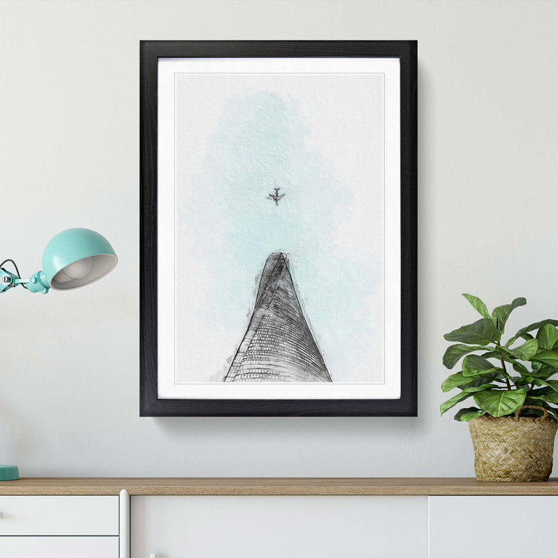 Airplane Above The World In Abstract - Single Picture Frame Painting, Black Framed, 33cm H x 24cm W x 2cm D