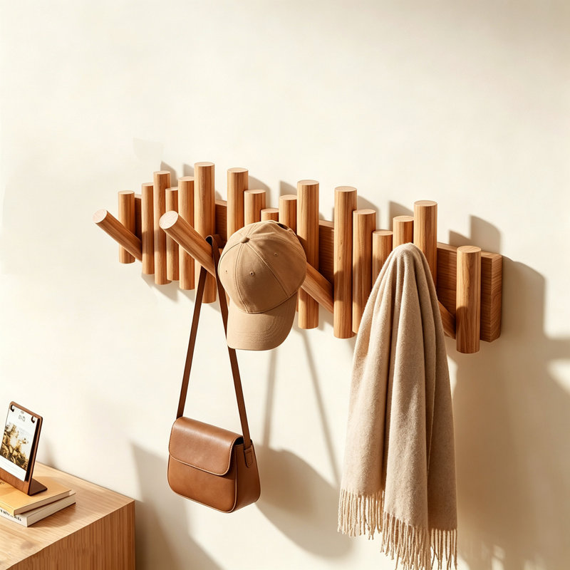 Porte-manteau mural avec crochets en bois rabattables, porte-manteau à 7 crochets, Naturel
