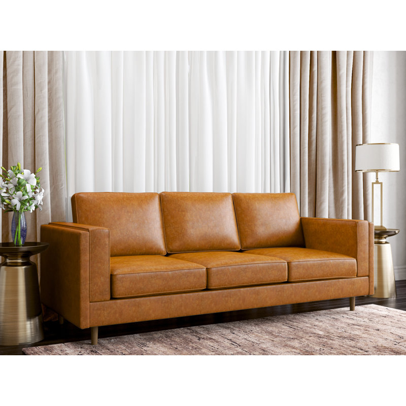 85" Faux Leather Square Arm Sofa, Honey Tan Faux Leather