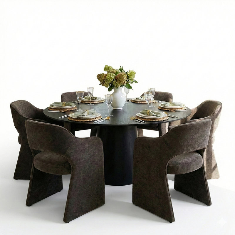 6 - Person Dining Table Sets With Round Table & 6 Upholstered Chenille Chairs, Brown, Black