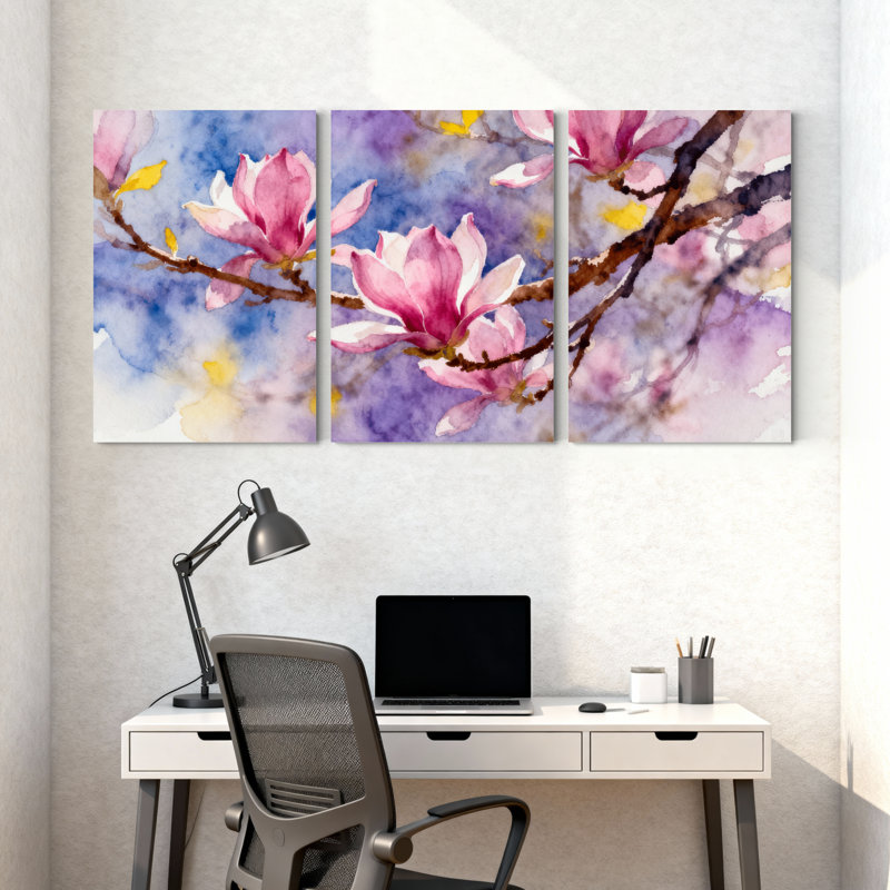 «Magnolia Pink Magnolia Blossoms On Branches», ensemble de 3 impressions sur toile, H 18 po x l 36 po