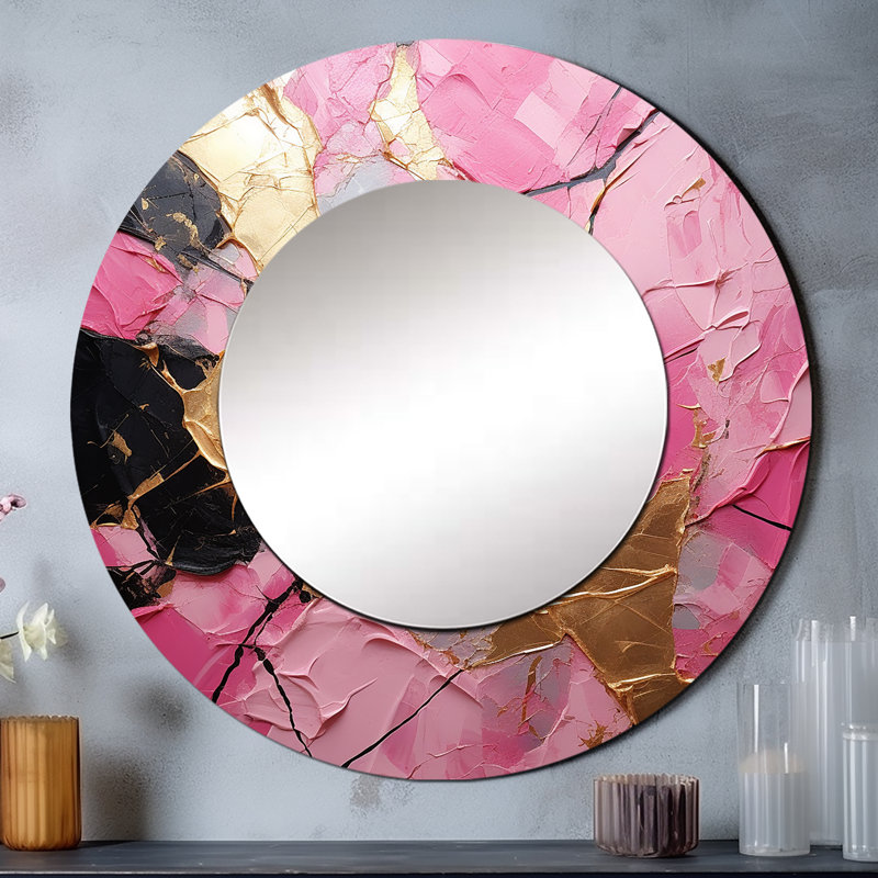 Minimalism Pink Gold Poteries I - Abstract Spirals Large Mirror, Modern Round Decorative Wall Mirror, Printed Metal Art