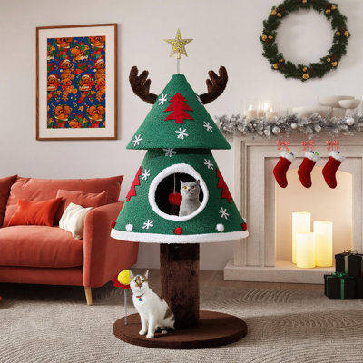 47" Christmas Cat Tower With 2 Semi-Enclosed Cat Houses, Indoor Cat Tree With Cat Condos, Cute Cat Tree With Plush Ball For 2 Cat