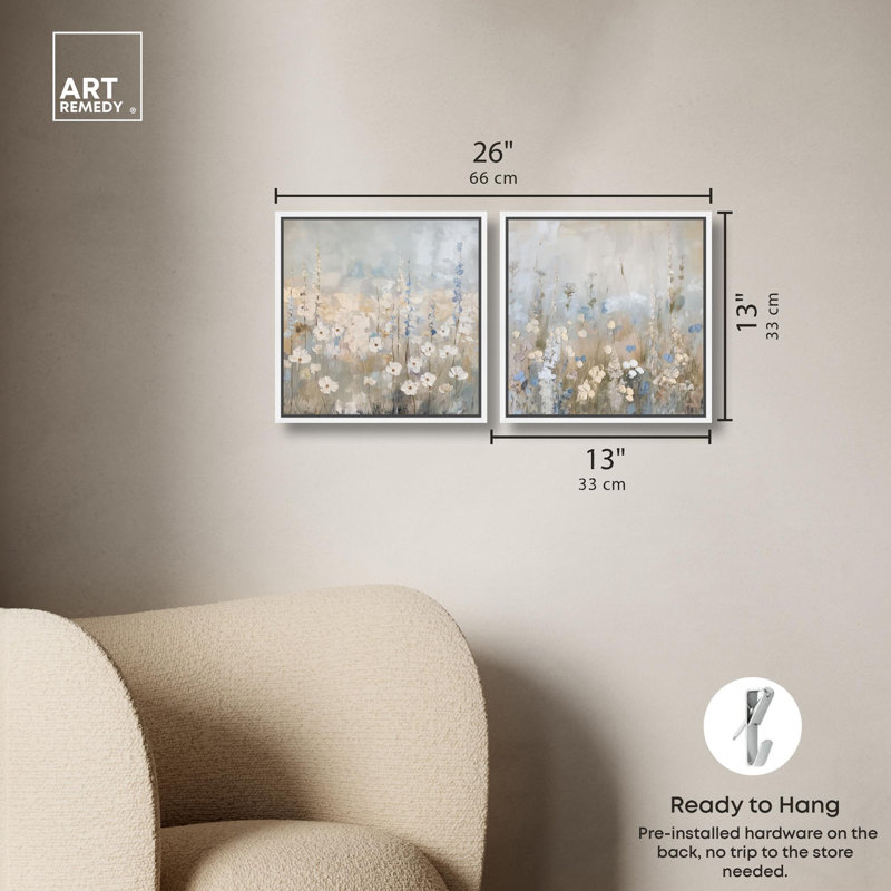 Tranquillity Floral Art 2 Panel Set Canvas Print by , 13" H x 13" W, Floater Framed Print without Mat, White