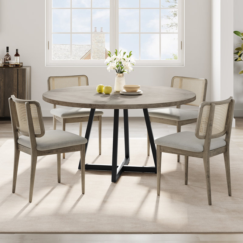 Mirador 47 Inch Round Dining Table, Wooden Dinner Table for 4, Industrial Kitchen Table with Wooden Top and Metal Base for Home Dining Room or Living Room