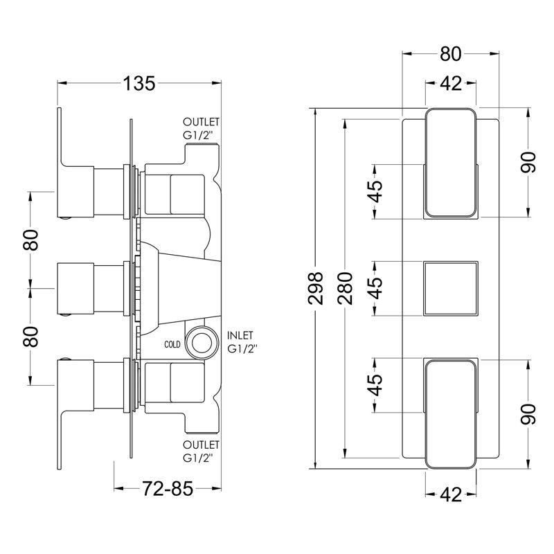 Triple Concealed Thermostatic Shower Valve, Matt Black