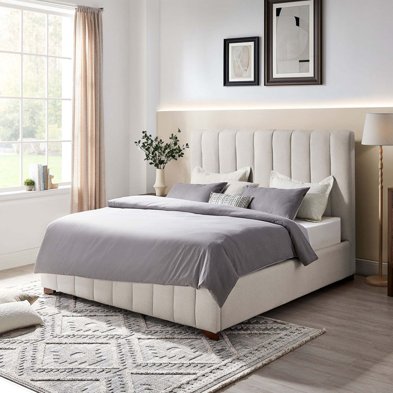 Base de lit plateforme moderne tapissier avec tête de lit, Complète, Blanc