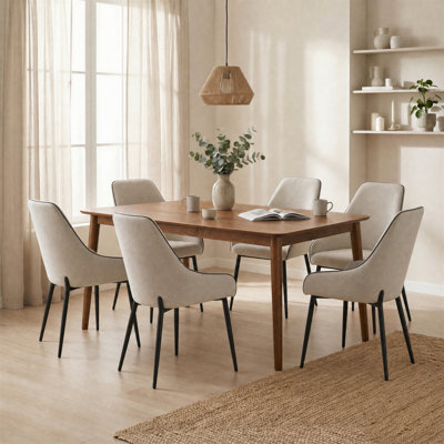 Drea Walnut Effect Wooden Dining Table With 6 Ophelia Cream Chairs - Rustic Farmhouse Style