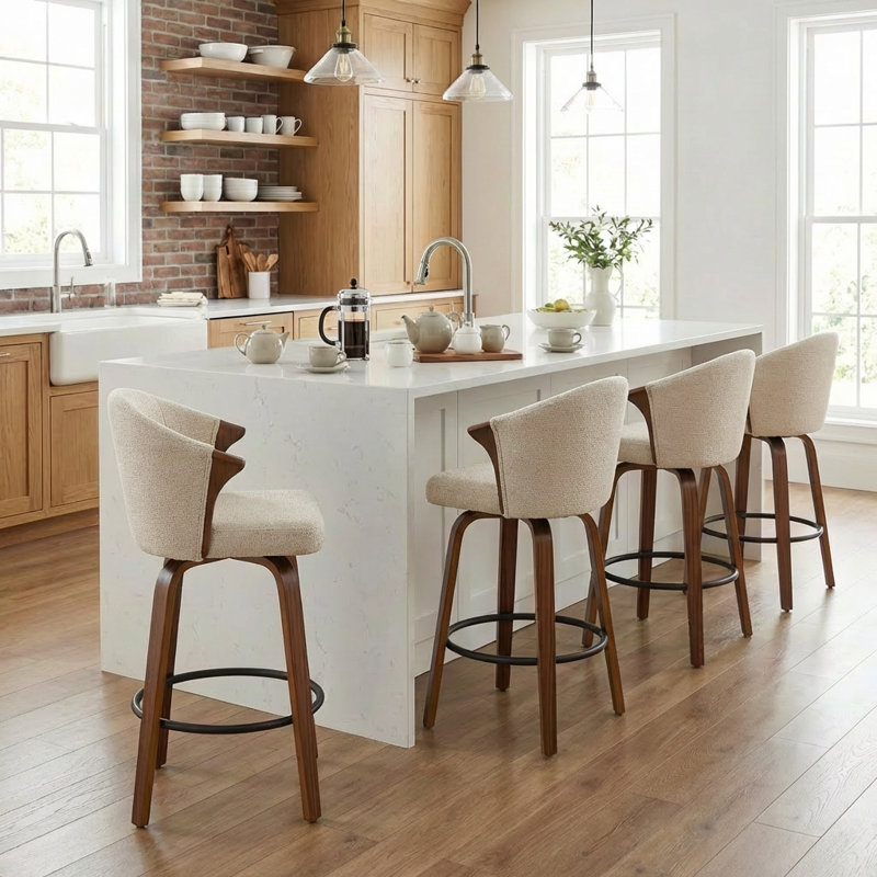 Devault Swivel Upholstered Counter Stool With Wood Frame, Beige