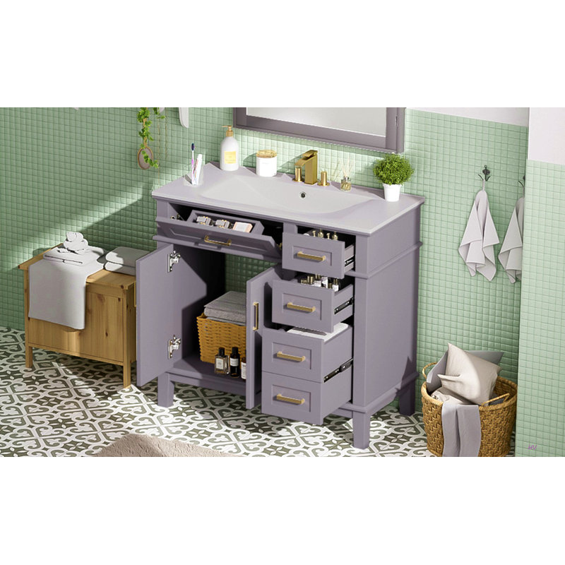 36" Modern Bathroom Vanity With Ceramic Sink, Soft Close Doors, 4 Drawers For Storage, Elegant Design For Small Bathrooms