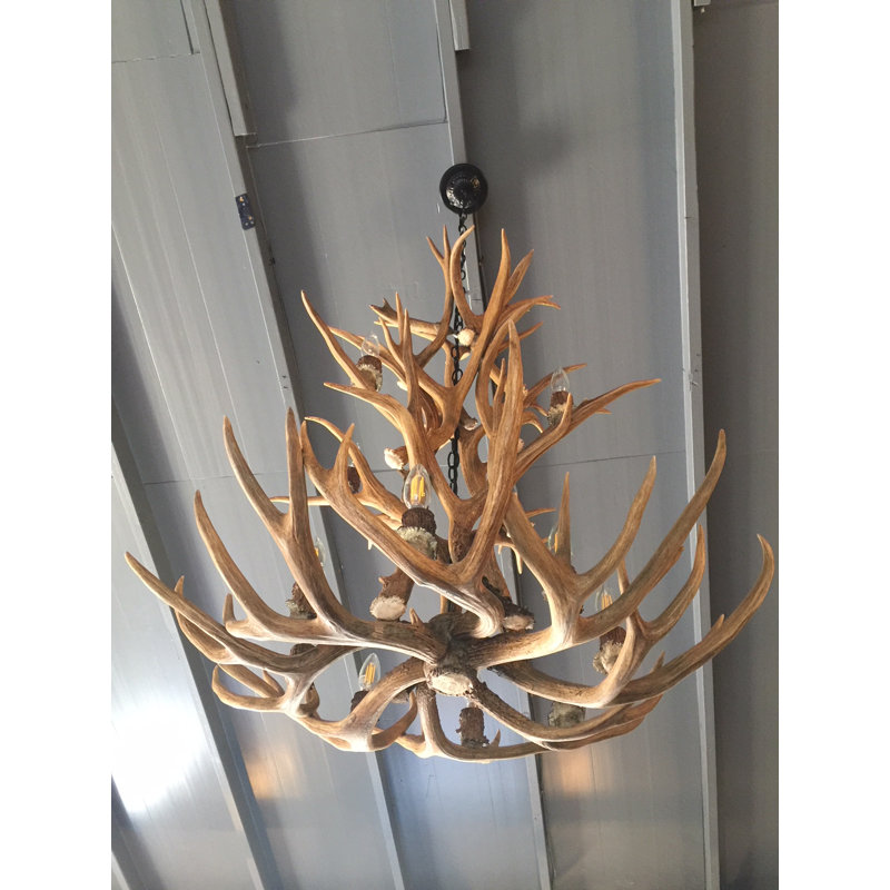 Lustre à plusieurs niveaux 9 lumières de style bougie antler mule cerf cascade Doliya, Cuir brut, Oui