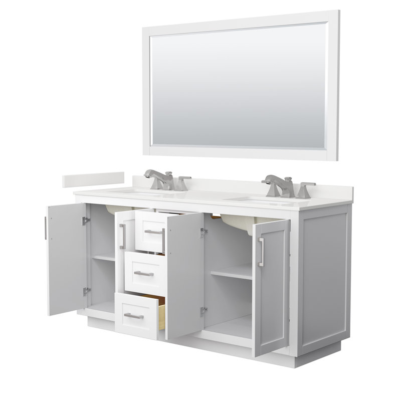 Miranda 66" Freestanding Double Bathroom Vanity with Quartz Top with 58" Mirror, White Quartz, White, Brushed Gold