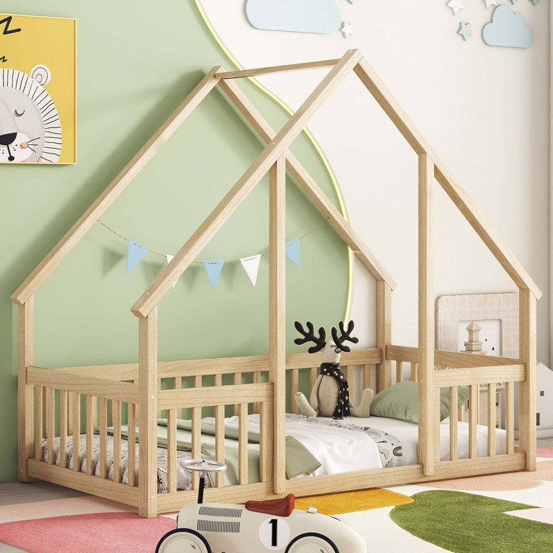 House-Shaped Floor Bed with Fence, Guardrails, Natural, Twin