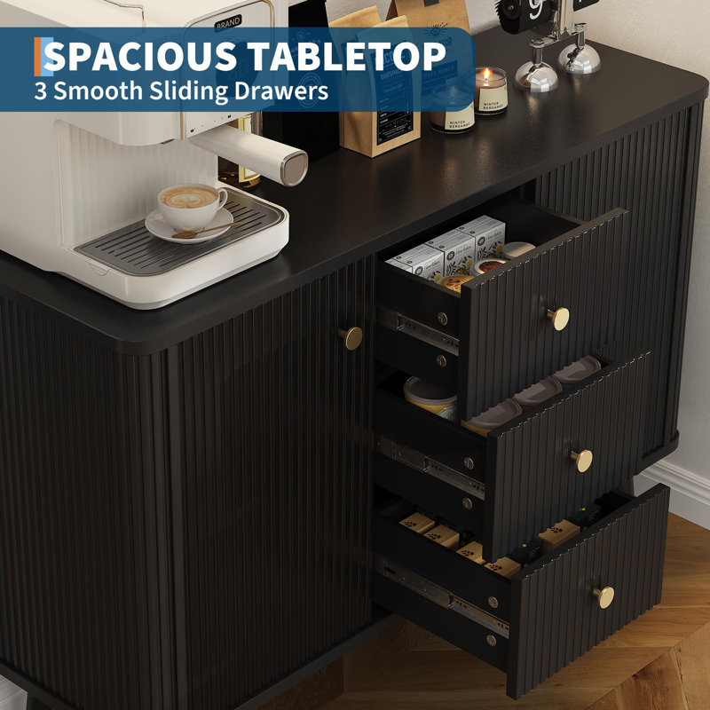 Buffet 47 po avec tiroirs, armoire d'appoint cannelée avec 2 portes et 3 tiroirs, crédence moderne pour entrée, cuisine, salon - noir