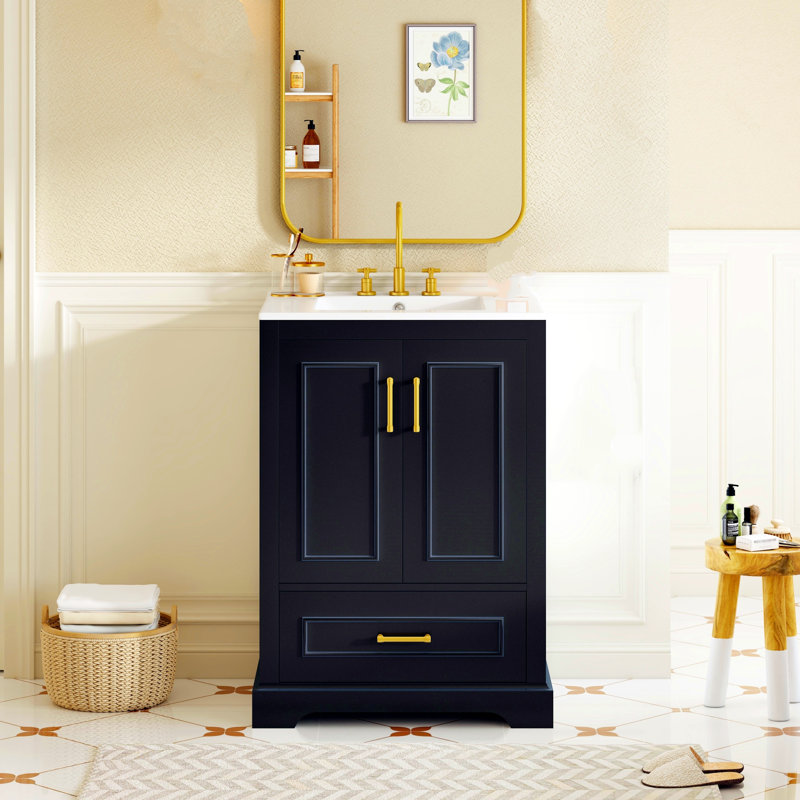 Meuble-lavabo autoportant de 24 po avec lavabo, un tiroir compartimenté et deux portes à fermeture en douceur avec tablettes de rangement à deux portes, noir