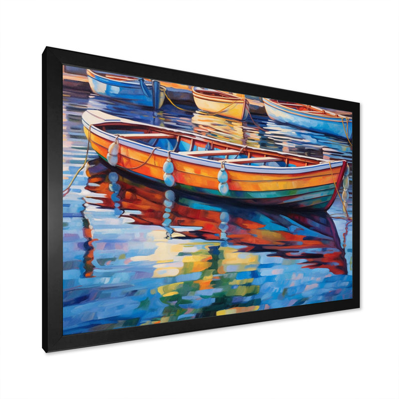 Bateaux dans le port - art mural de port côtier pour le salon, H 12 po x l 20 po x P 1 po, Cadre noir