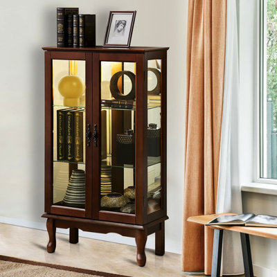 Armoire vitrée à miroir avec tablette de rangement flexible et 2 tablettes réglables couleur noyer