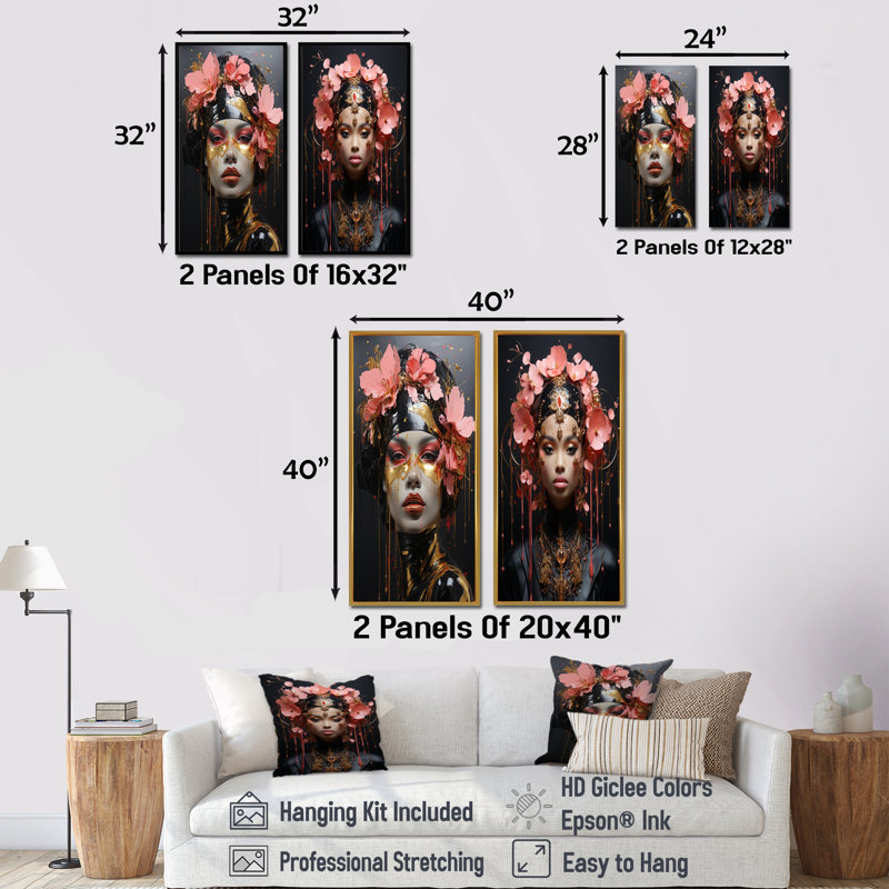 Ensemble de 2 impressions sur toile Rosegold Elegance, Cadre flottant noir, H 32 po x l 33 po