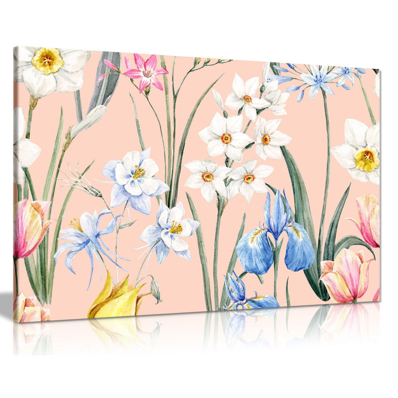 Watercolour Botanical Flowers - Wrapped Canvas Print, 20cm H x 31cm W