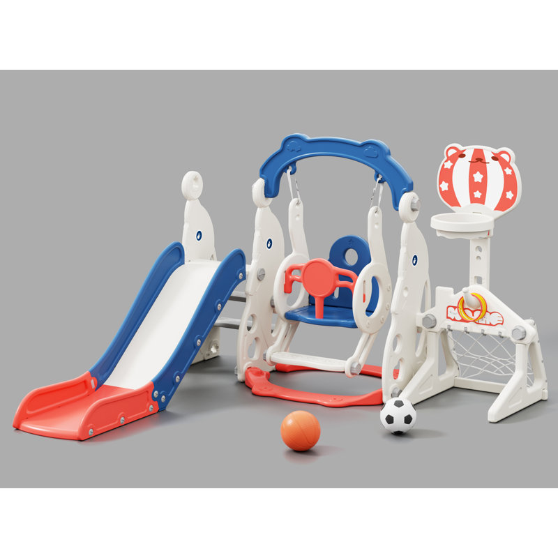 Portique de balançoire 6 en 1 pour tout-petits de 1 à 3 ans avec anneau de basketball, Bleu/rouge