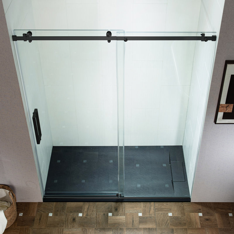 Semi-Frameless Single Sliding Shower Doors, 56-60" W X 76" H With 5/16" Clear Tempered Glass And Explosion-Proof Film