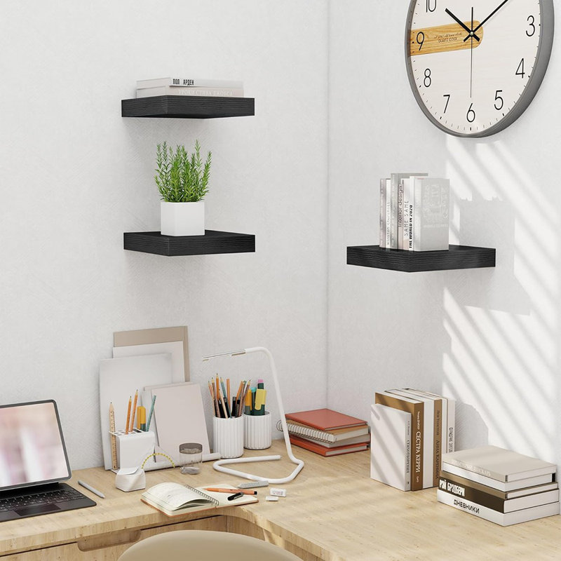 Floating Shelves For Wall 10 Inch, 10 Inch Deep Square Wall Shelves, Bathroom Storage Shelves Over Toilet, Wood Floating Shelves For Living Room Bedroom, Black, Set Of 2